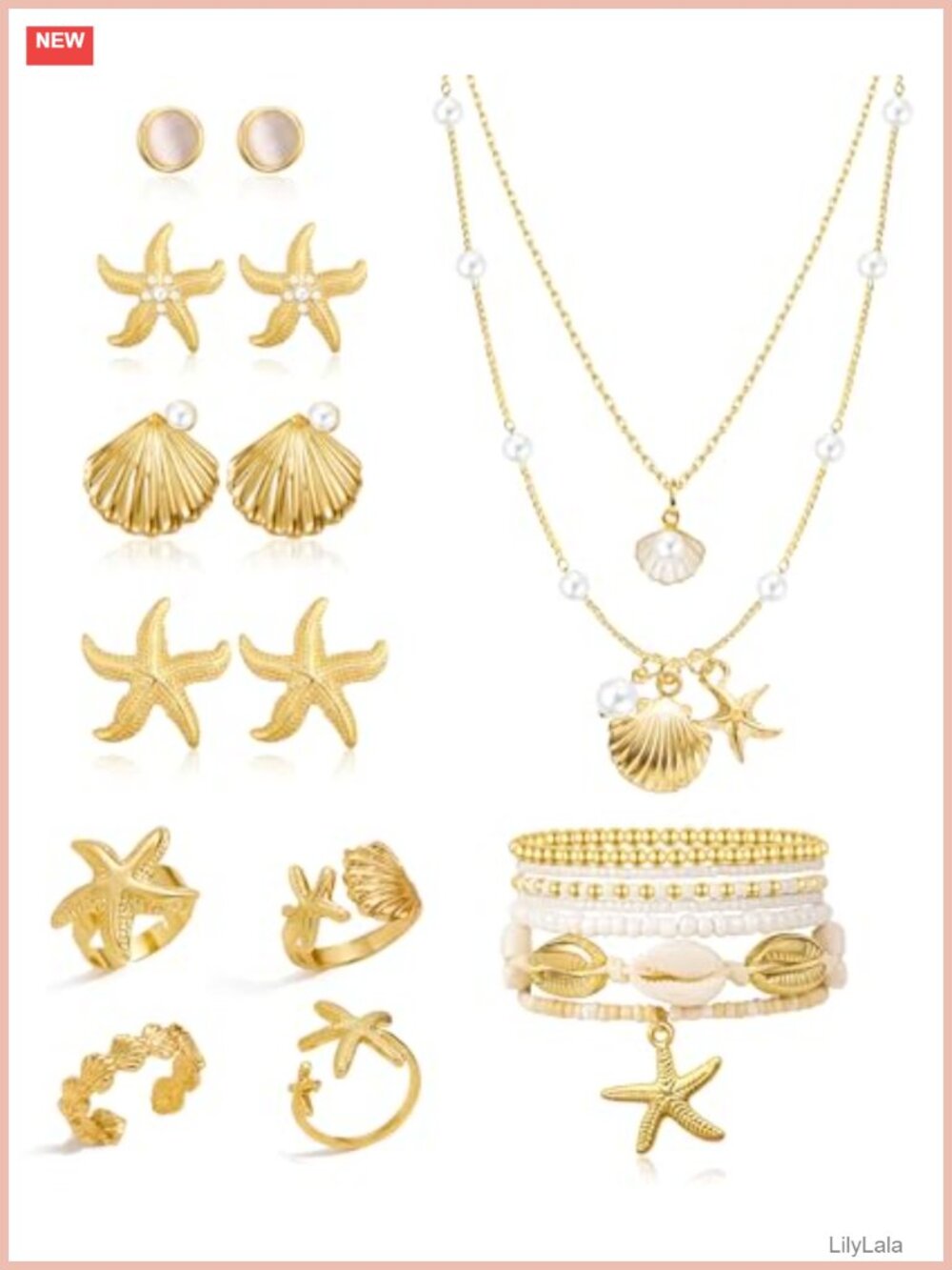 17 Pc Boho Seashell Starfish Jewelry Set Alloy Imitation Pearl Necklaces Rings